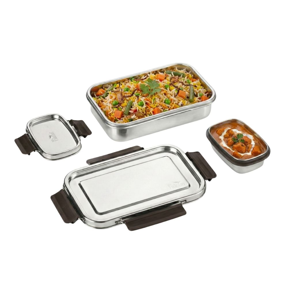 PDDFALCON Stainless Steel Bento Mate with Container 100% Leakproof, Microwave-Safe, BIS Certified, Jindal Seal & Made in India Lunch Box 1000+200ml (1200ml grey)