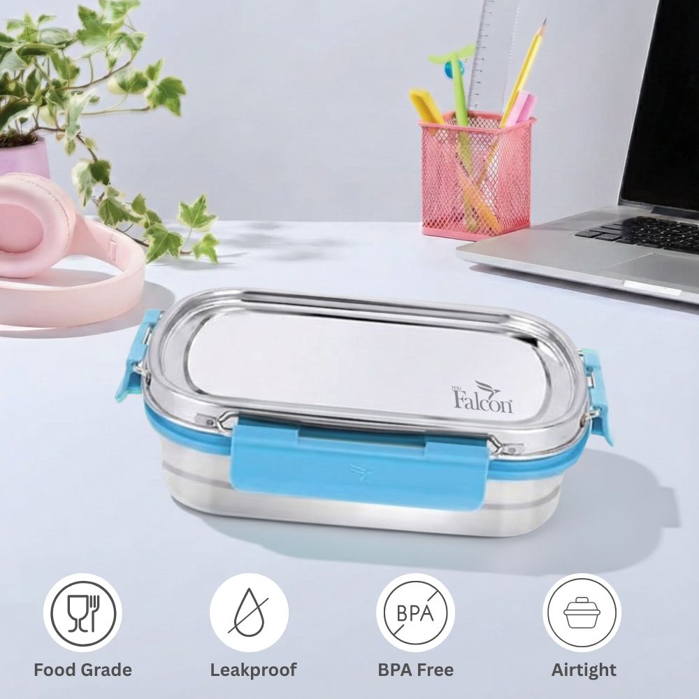 PddFalcon Stainless Steel Recta Munchy Aries 100% Leakproof Lunch Box Turkish Blue - 930ml