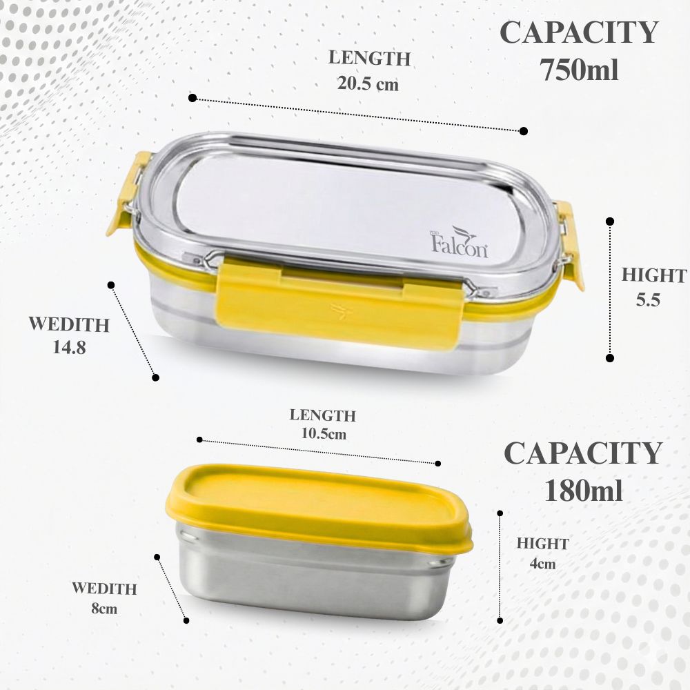 PddFalcon Stainless Steel Recta Aries 100% Leakproof Lunch Box Yellow - 930ml
