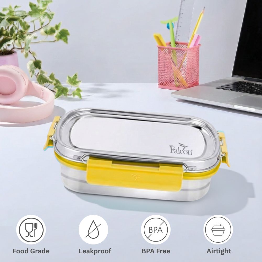 PddFalcon Stainless Steel Recta Aries 100% Leakproof Lunch Box Yellow - 930ml