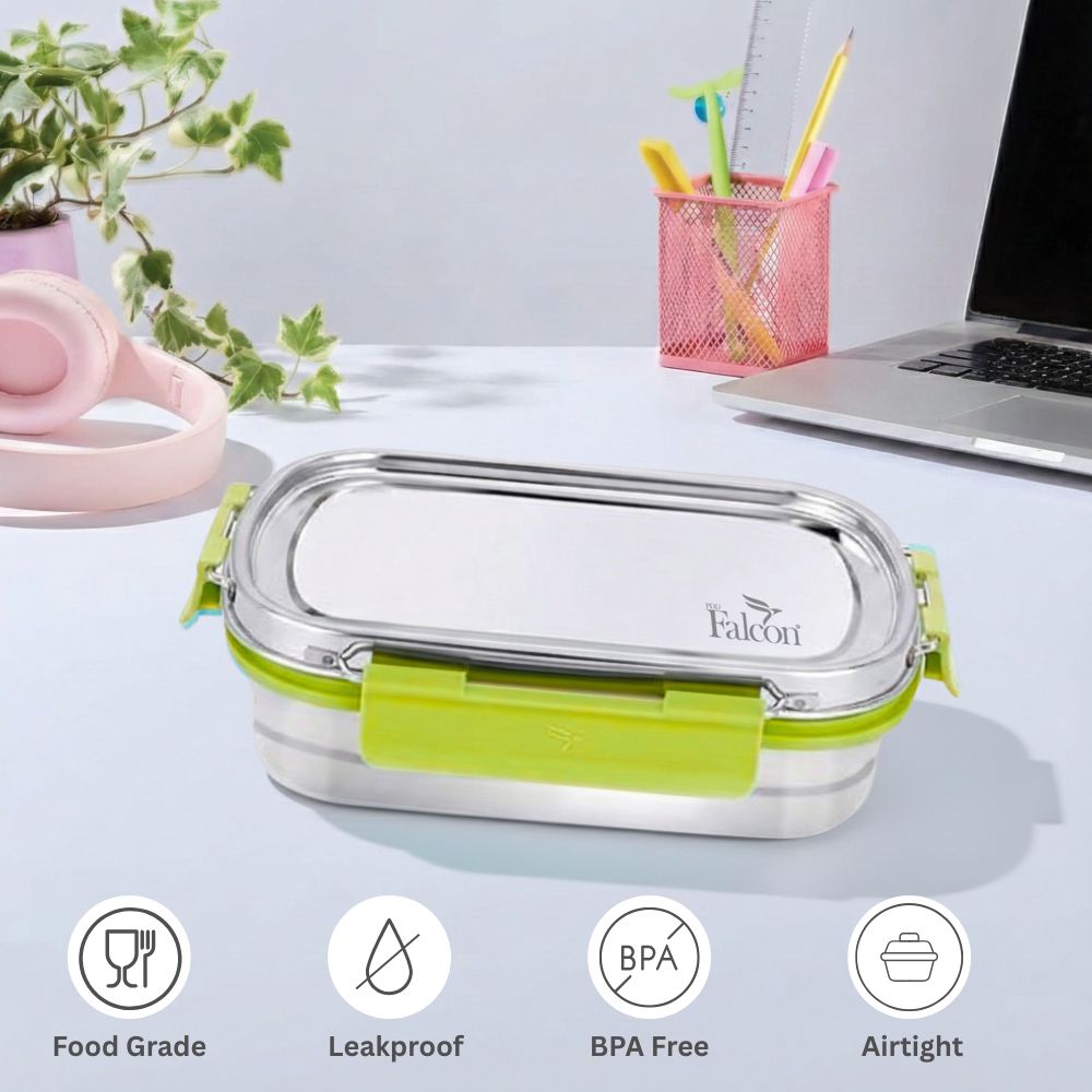 PddFalcon Stainless Steel Recta Munchy 100% Leakproof Lunch Box Green - 930ml