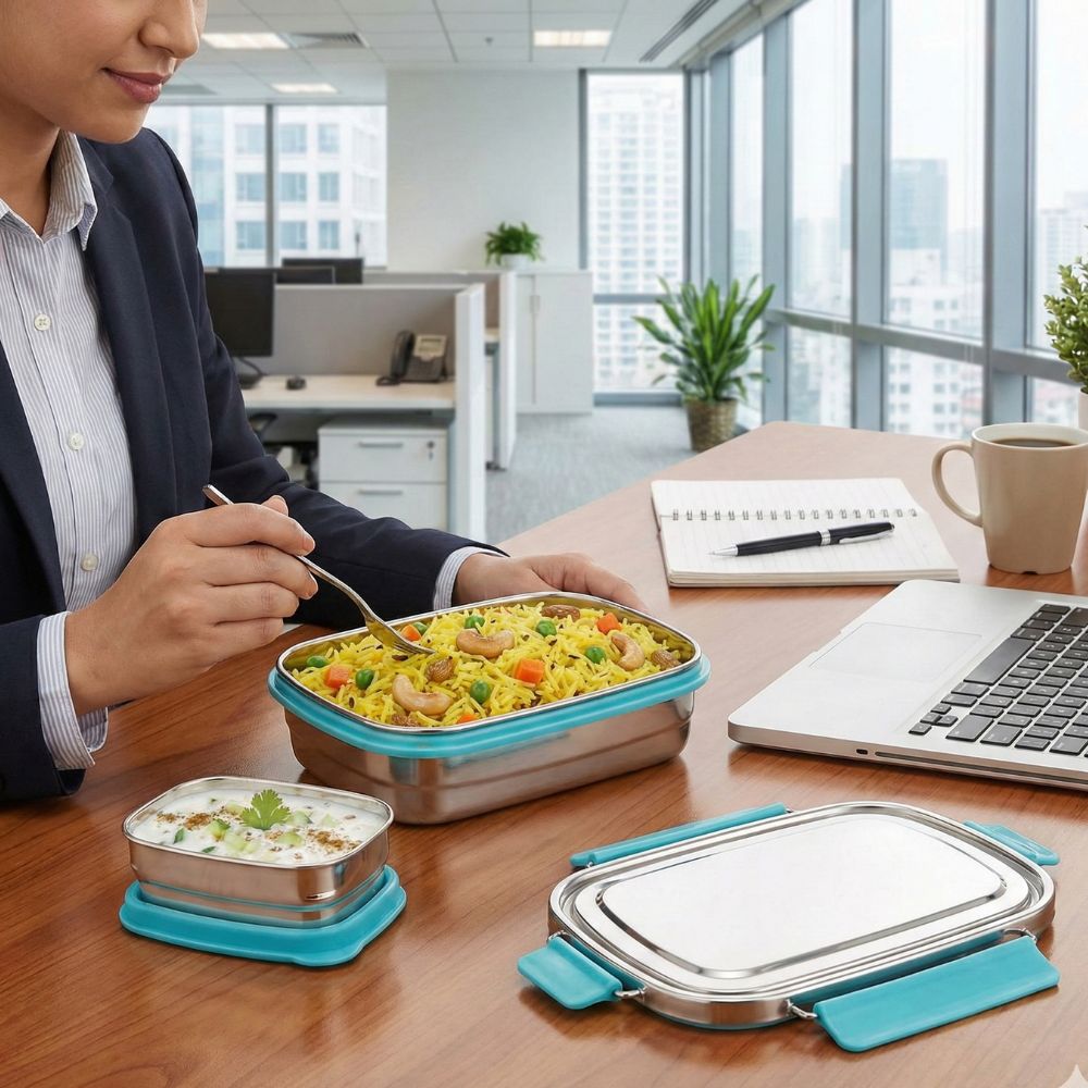 PddFalcon Stainless Steel Recta Aries 100% Leakproof Lunch Box Yellow - 930ml