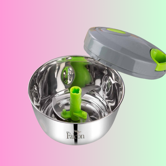 Stainless steel vegetable chopper with multiple blades for chopping, storage lid, anti-skid bottom, crack free and odor free