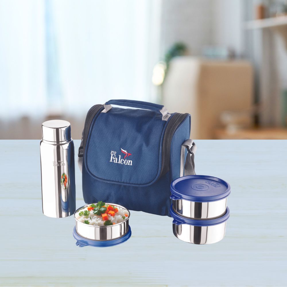 PddFalcon Stainless Steel Dura Milan Lunch Box With 100% Leakproof Water Bottle Set of 4, 1450ml