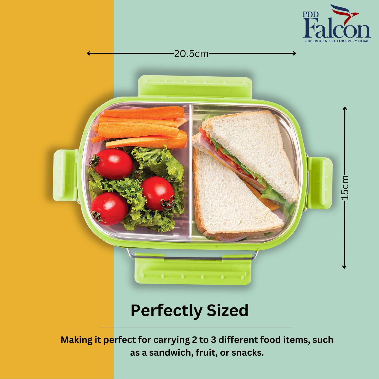 PddFalcon Stainless Steel Munch Duo Lunch Box with 2 Partition - 750ml Green