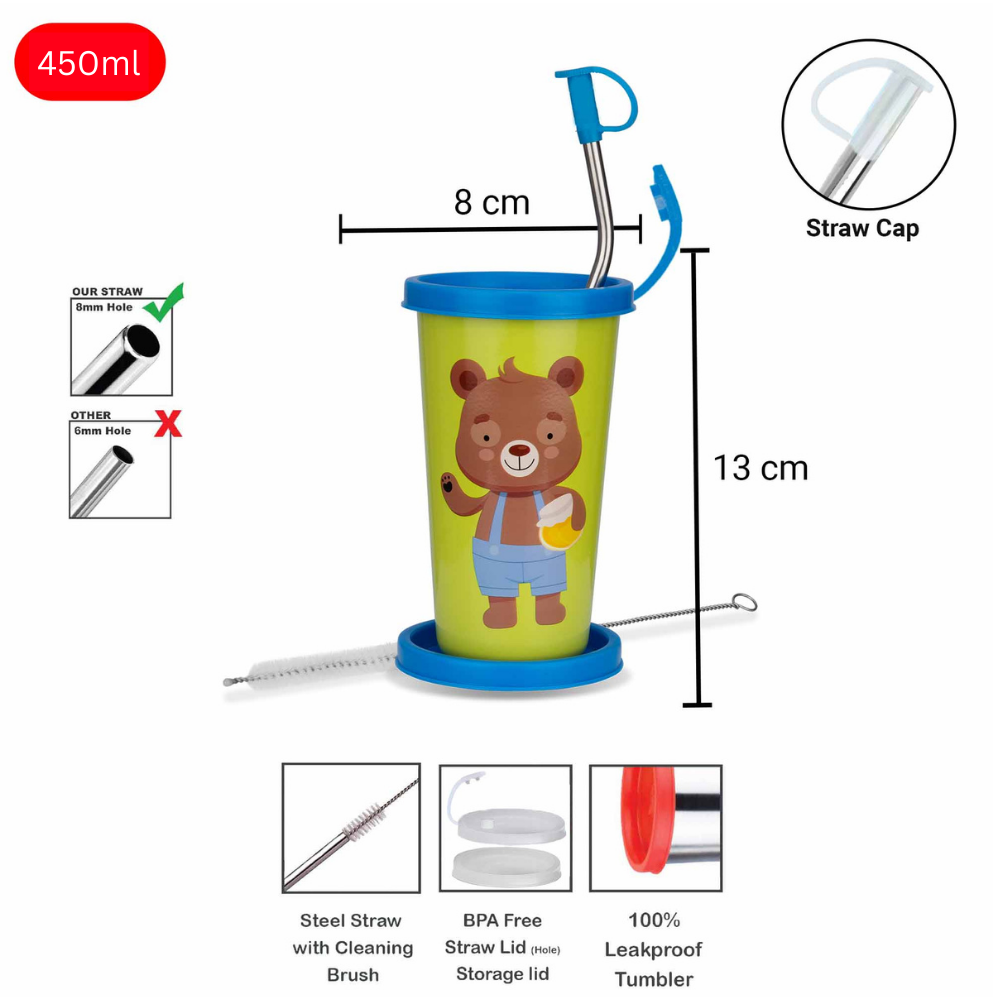 100% leakproof Steel Tumbler for kids with blue cartoon themed teddy bear and steel straw with large holes, straw cap and also a cleaning brush for the straw