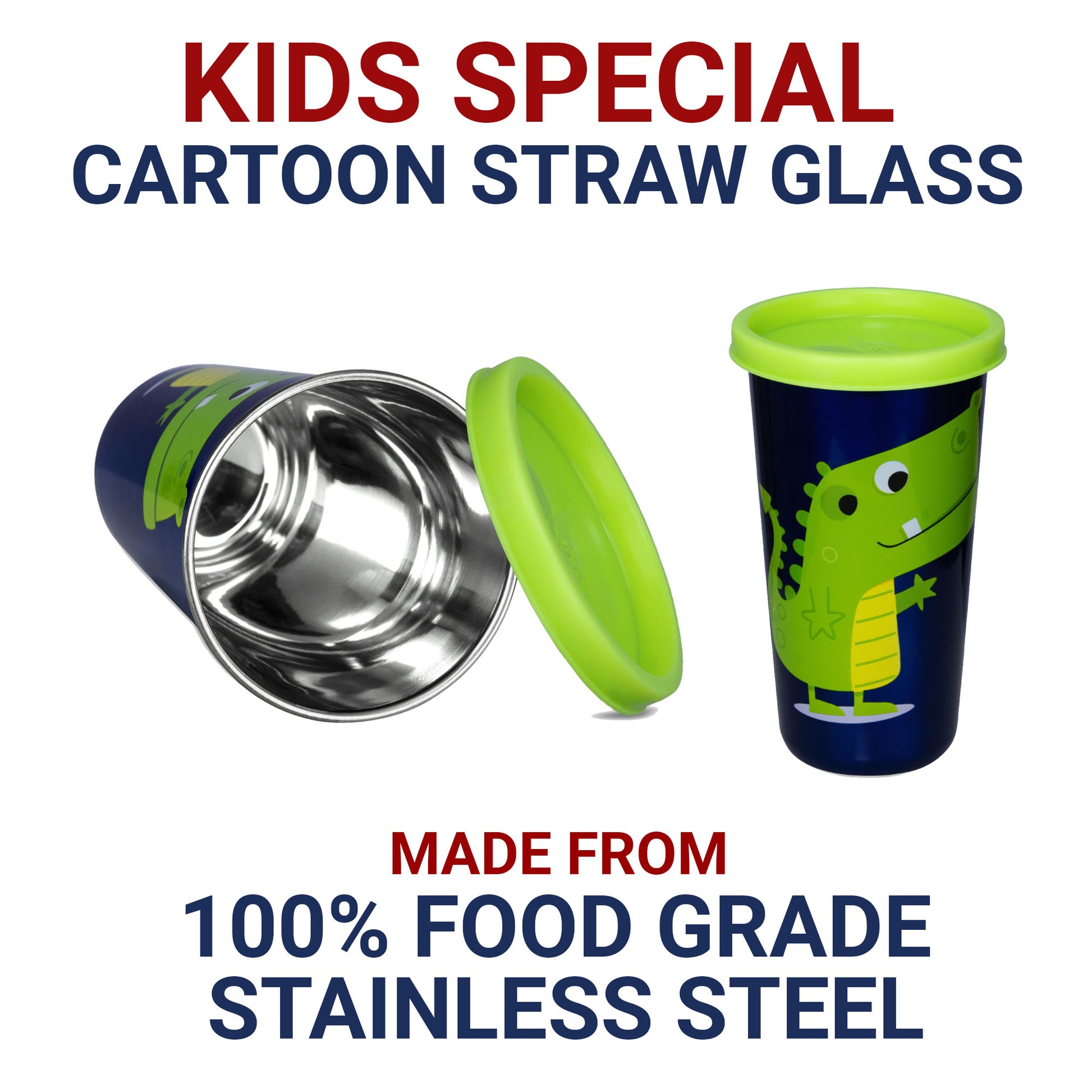 Dinosaurs themed Stainless steel sipper for kids with steel straw, straw cap, storage lid and straw cleaning brush, its 100% leakproof and crack and rust free.