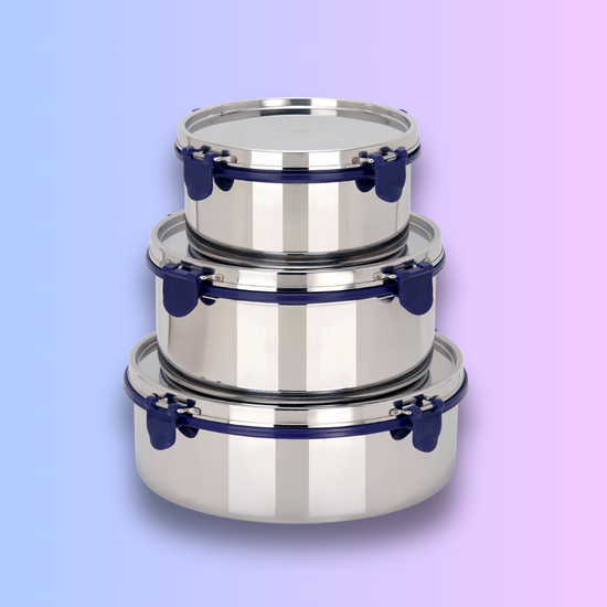 A stack of 3 stainless steel containers of different sizes with steel lids and mirror polish (leakproof, crackfree)