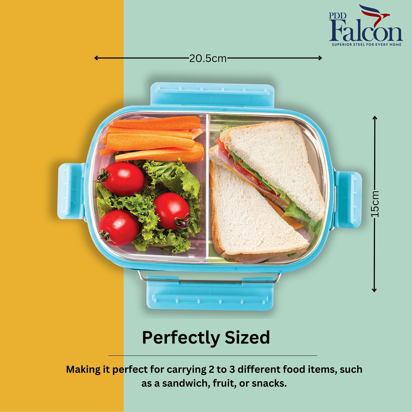 PddFalcon Stainless Steel Munch Duo Lunch Box with 2 Partition - 750ml Sky Blue