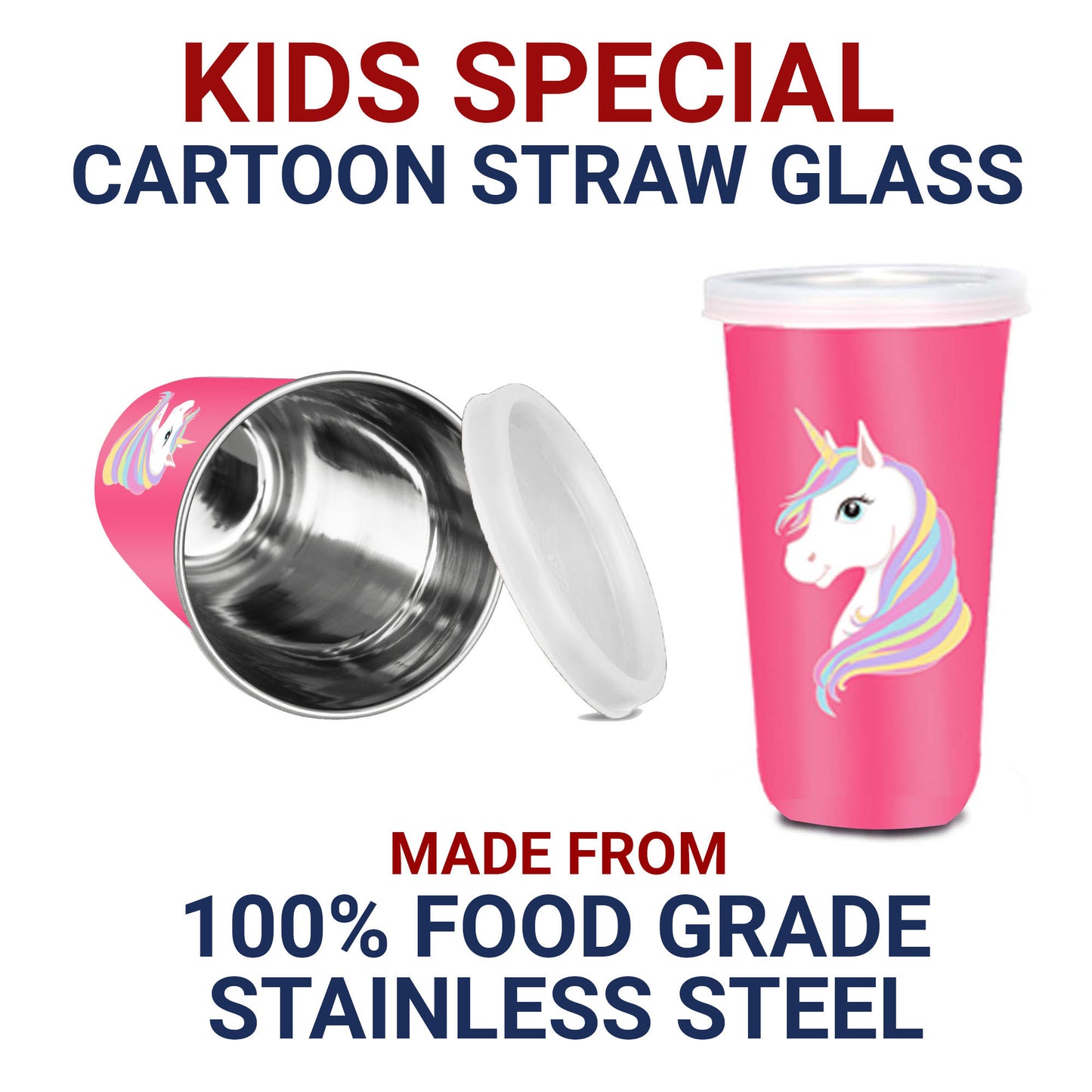 Unicorn themed Stainless steel sipper for kids with steel straw, straw cap, storage lid and straw cleaning brush, its 100% leakproof and crack and rust free.