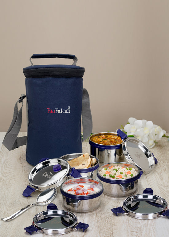 Econxt lunch box set of 5 steel containers 100% leakproof, stackable, odor free, crack and rust free comes with an insulated navy blue bag. Use to carry fresh food to offices or schools