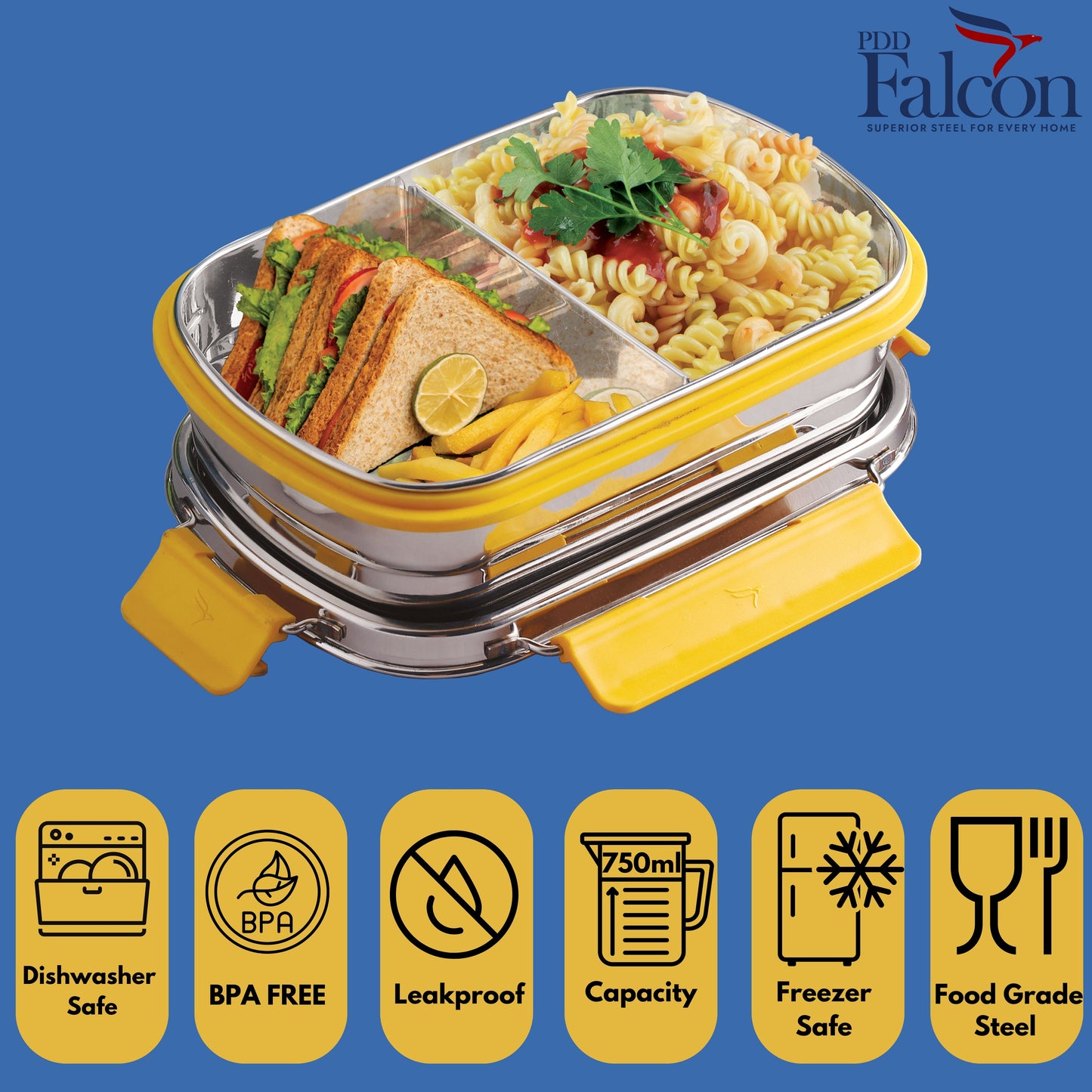 PddFalcon Stainless Steel Munch Duo Lunch Box with 2 Partition - 750ml Yellow