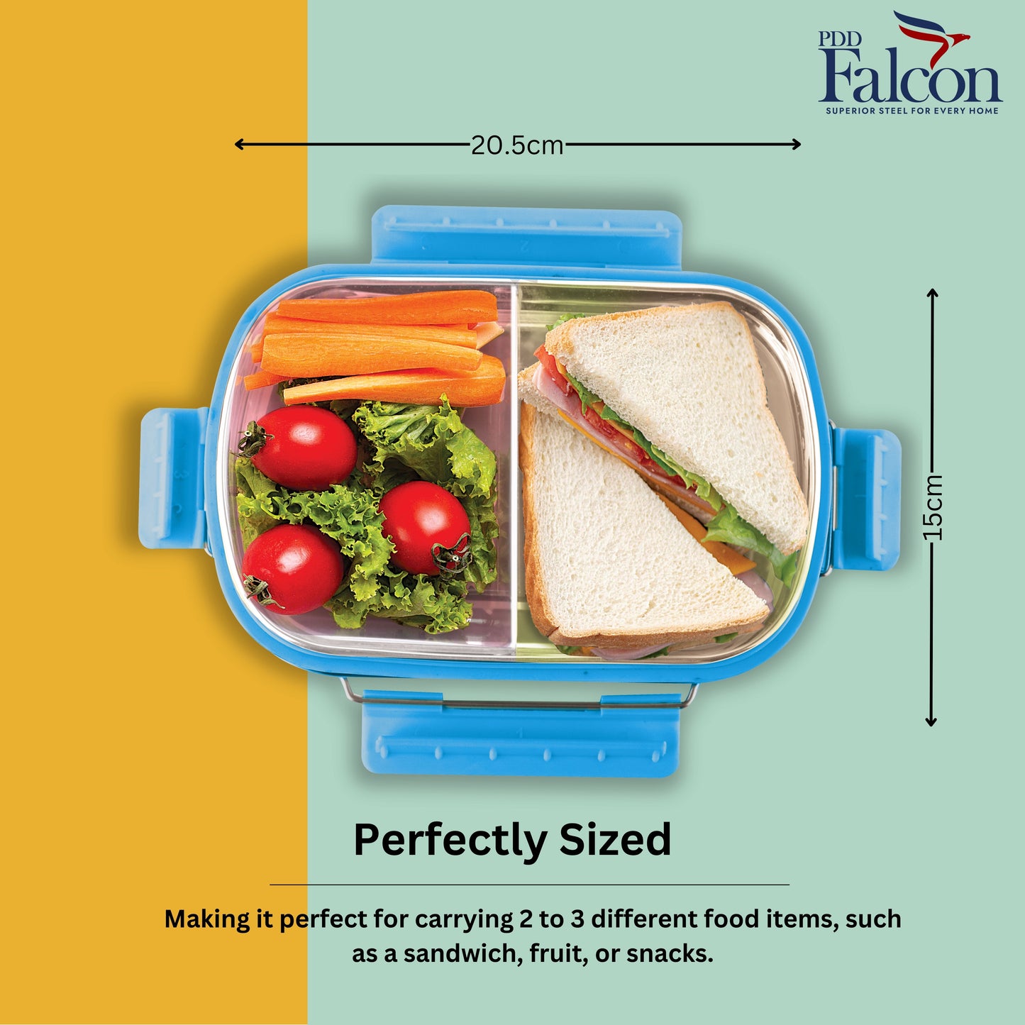 PddFalcon Stainless Steel Munch Duo Lunch Box with 2 Partition - 750ml Turkish Blue