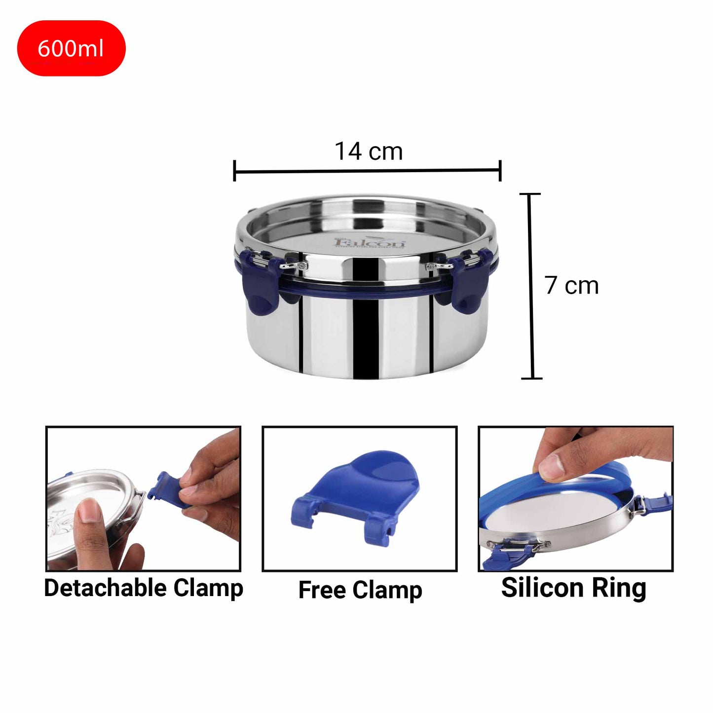 Econxt containers 600ml with dimensions (H:7cm and W:14cm) comes with detachable clamps, a free clamp and silicon ring. It is fully leakproof, stackable, crack and rust proof, mirror polish and BPA free.