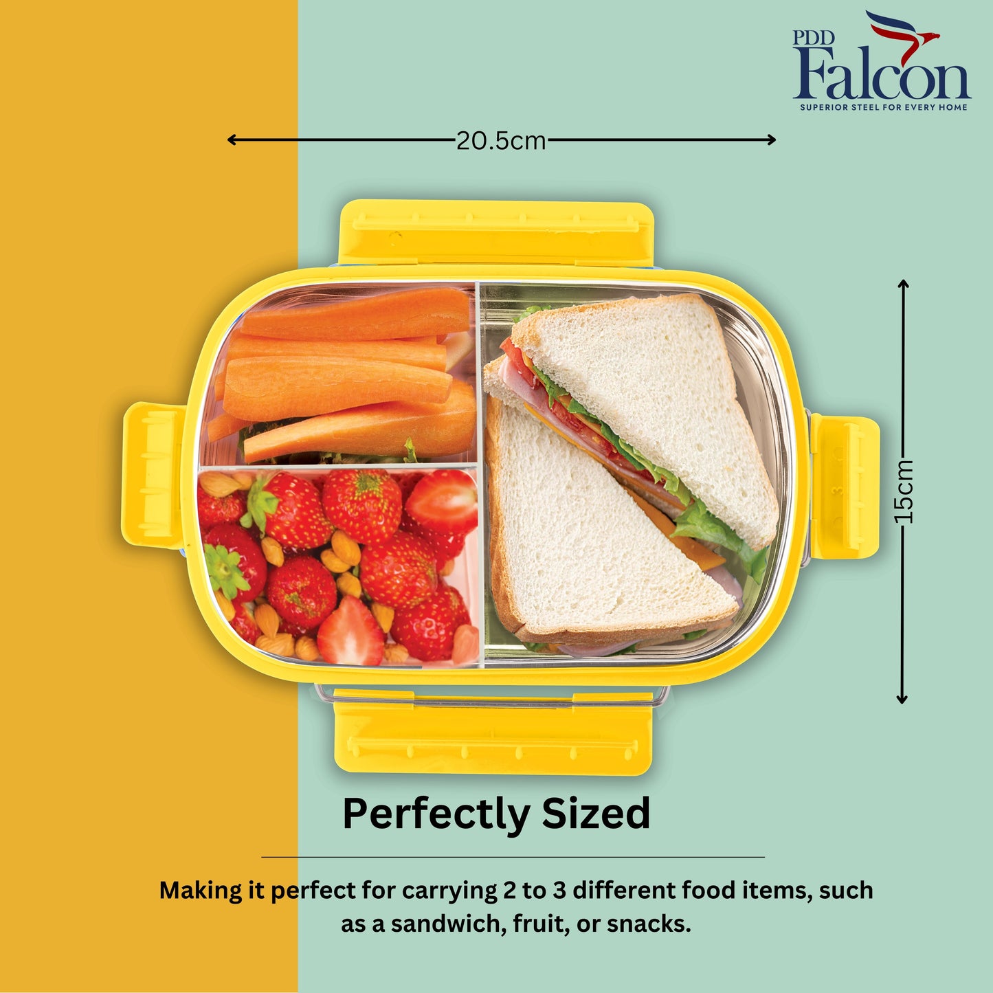 PddFalcon Stainless Steel Munch Trio Lunch Box with 3 Partition - 750ml Yellow