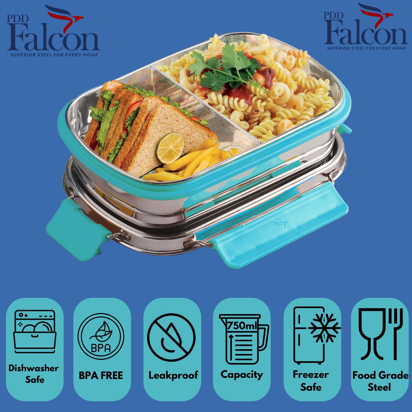 PddFalcon Stainless Steel Munch Duo Lunch Box with 2 Partition - 750ml Sky Blue