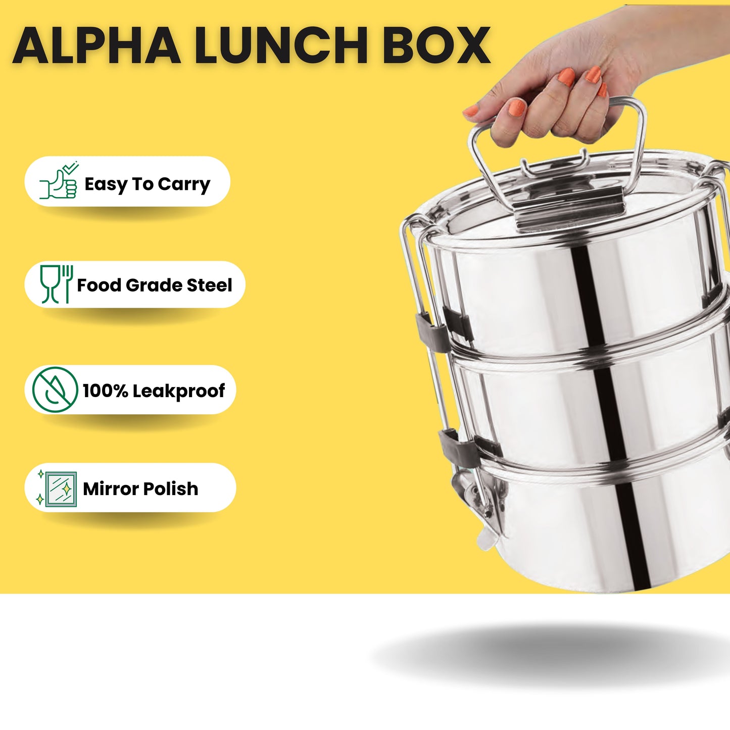 PddFalcon Stainless Steel Royal Alpha 5x3 Lunch Box With 3 Tier, 1600ml