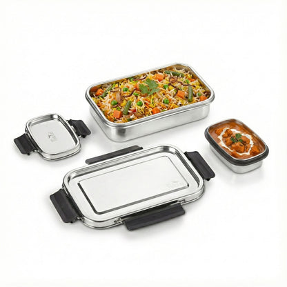 PDDFALCON Stainless Steel Bento Mate with Container 100% Leakproof, Microwave-Safe, BIS Certified, Jindal Seal & Made in India Lunch Box 1000+200ml (1200ml grey)