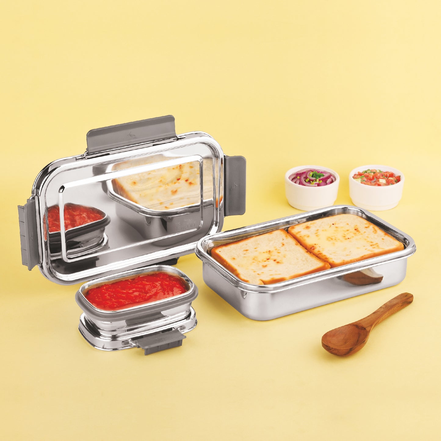 PDDFALCON Stainless Steel Bento Mate with Container 100% Leakproof, Microwave-Safe, BIS Certified, Jindal Seal & Made in India Lunch Box 1000+200ml (1200ml grey)
