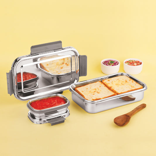 PDDFALCON Stainless Steel Bento Mate with Container 100% Leakproof, Microwave-Safe, BIS Certified, Jindal Seal & Made in India Lunch Box 1000+200ml (1200ml grey)