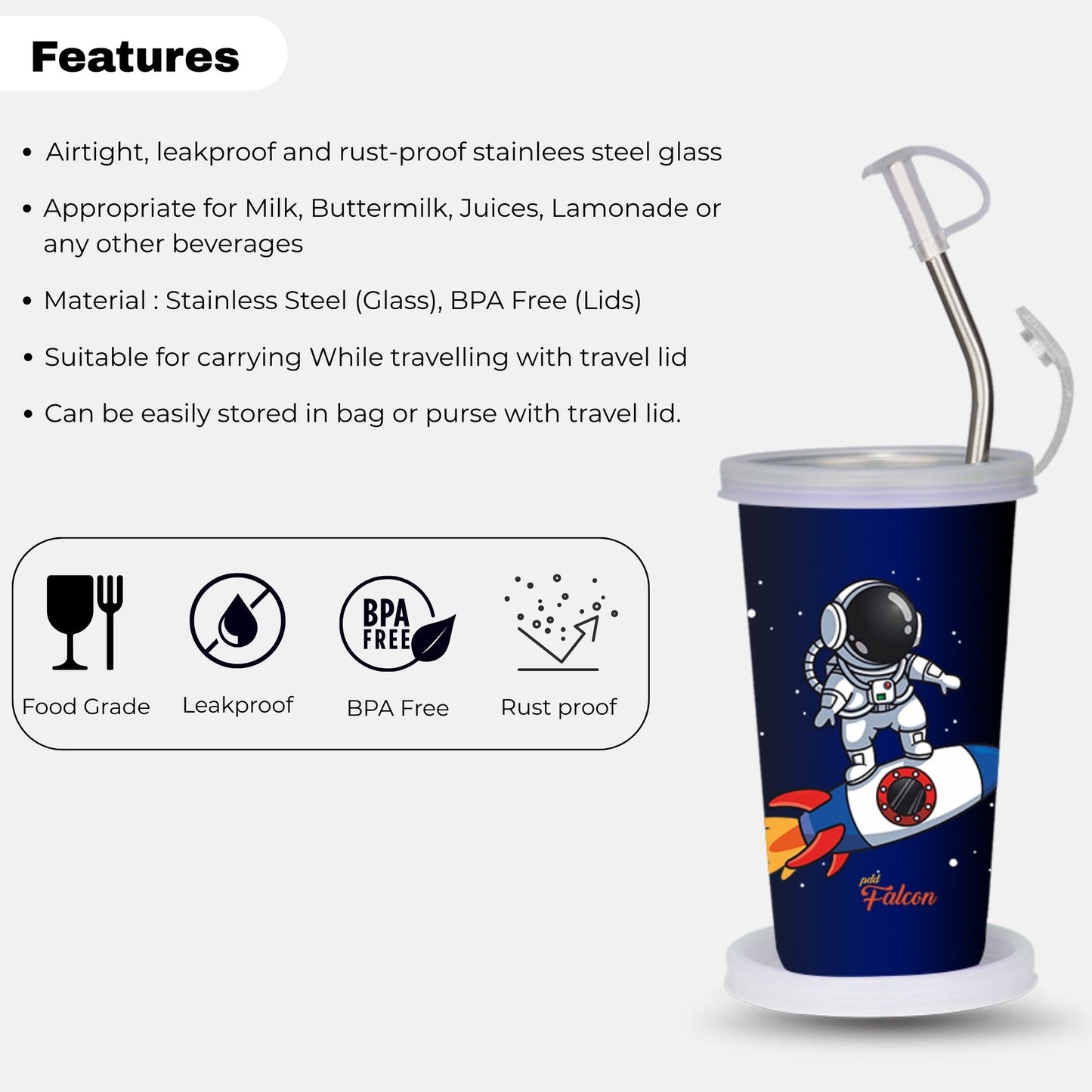 PddFalcon Steel Straw Glass 1pcs Astronaut Dark Blue FP24017 CN10 - 450ml