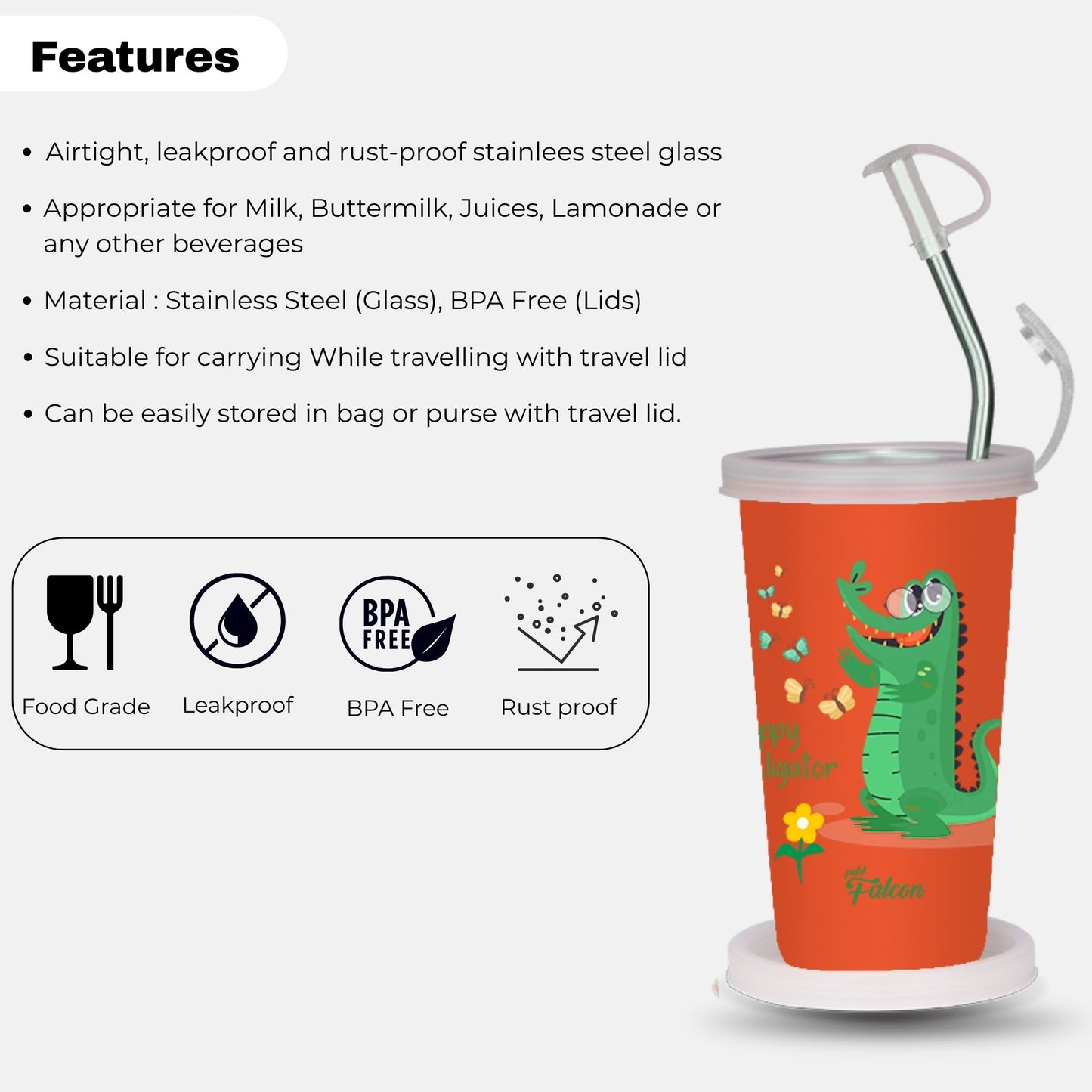 PddFalcon Steel Straw Glass 1pcs Aligator Green FP24014 CN7 - 450ml