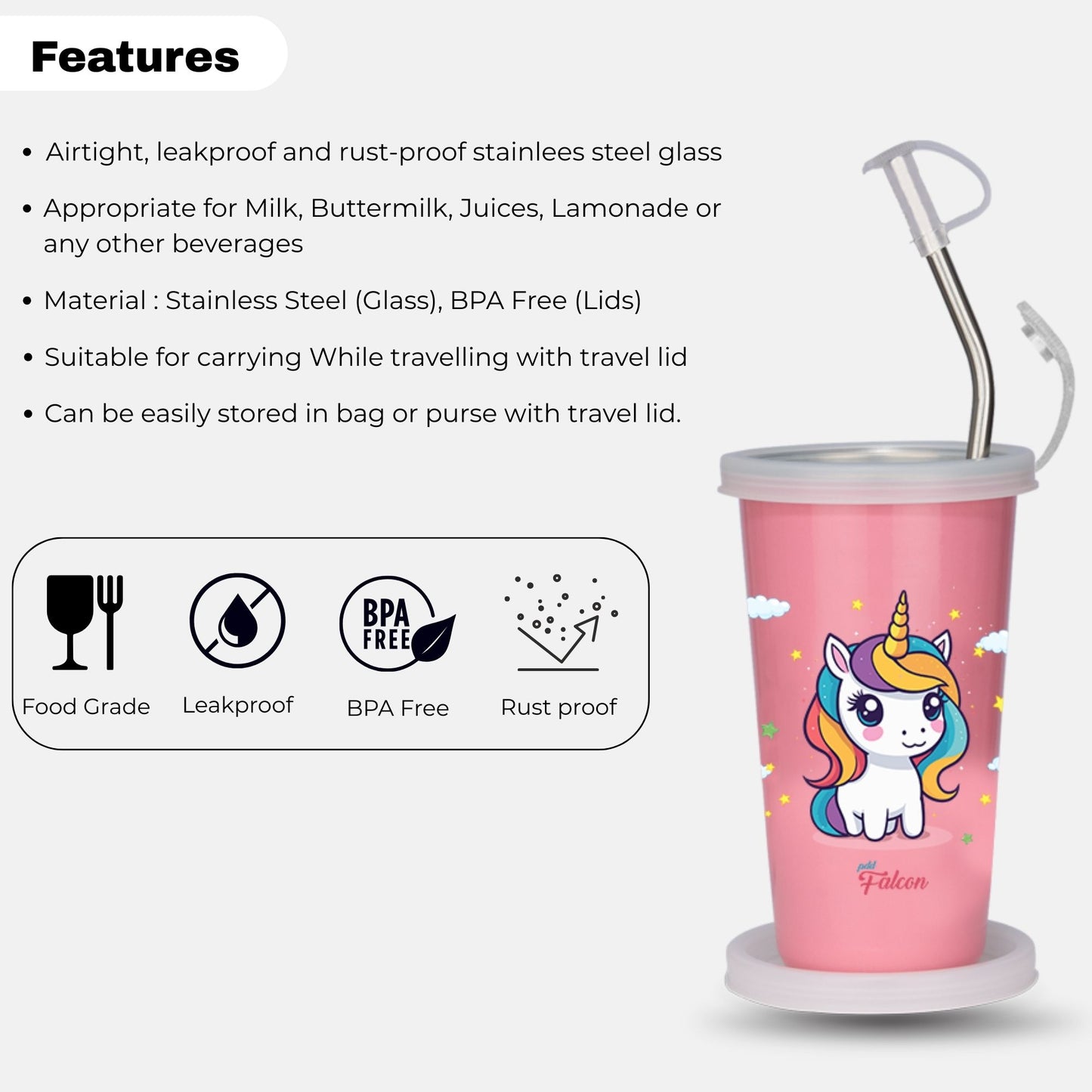 PddFalcon Steel Straw Glass 1pcs Unicron Pink FP24015 CN8 - 450ml