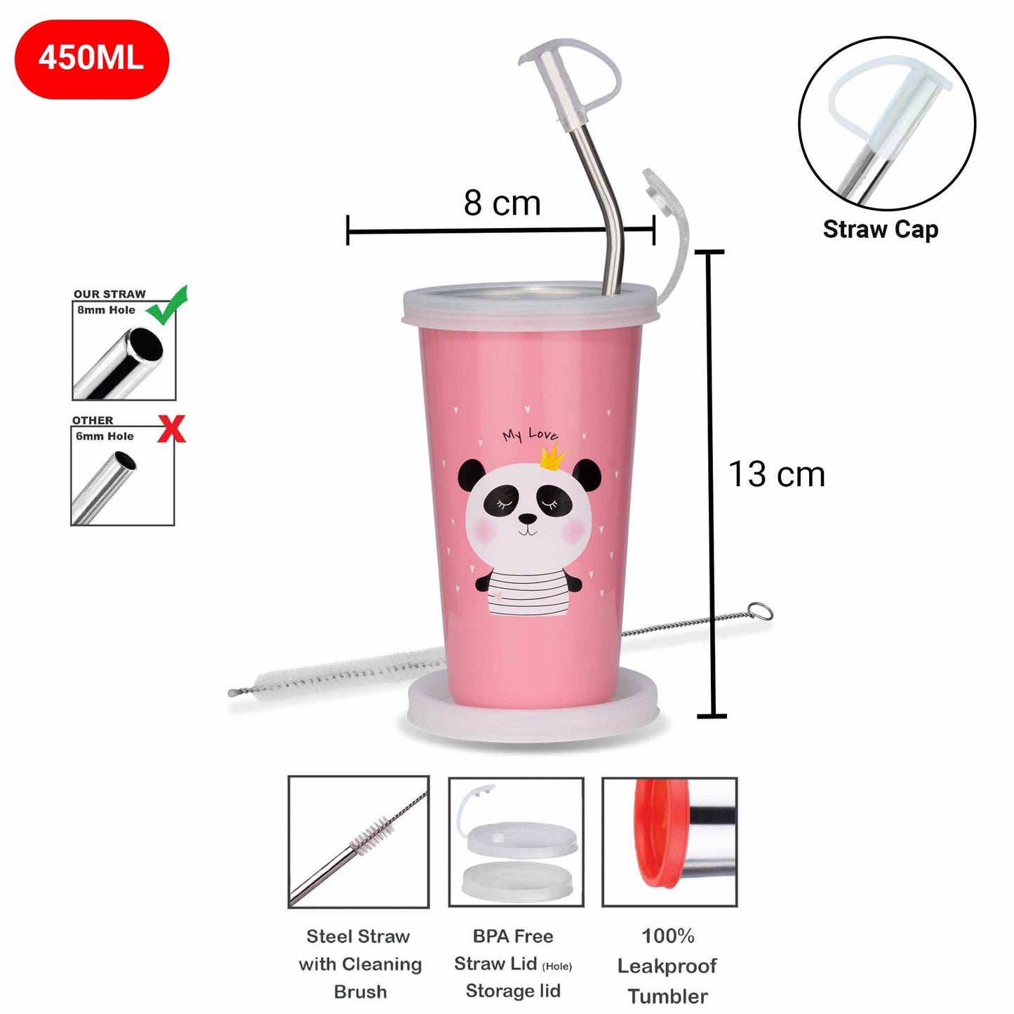 Pdd Falcon Steel Straw Glass 1pcs Panda Pink FP24010_CN3 - 450ml