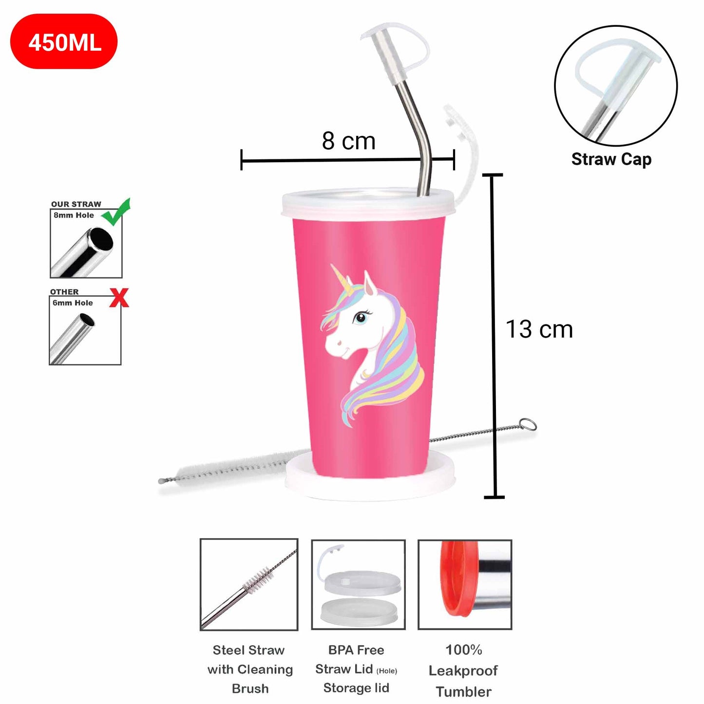 Unicorn themed Stainless steel sipper for kids with steel straw, straw cap, storage lid and straw cleaning brush, its 100% leakproof and crack and rust free.