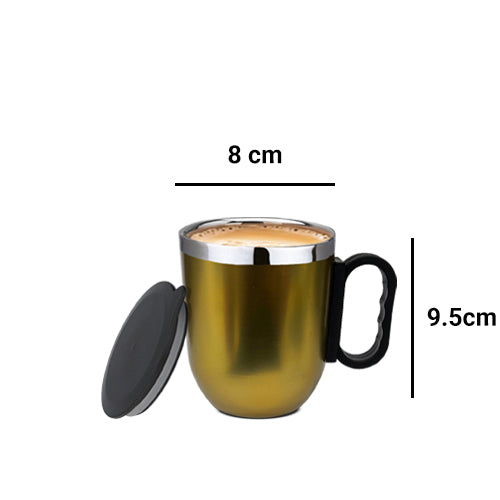 Golden Costa Mug displayed with dimensions Height: 9.5cm Width: 8cm. Mug measures 280ml (approximately 9.5 fl oz) - perfect size for your morning coffee. 