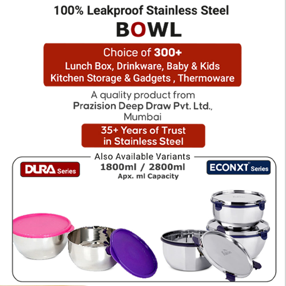 100% leakproof stainless steel bowl dura and econxt range 1800ml and 2800ml sizes available