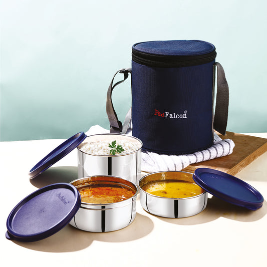 Dura super lunchbox set keeps food fresh and hot with the help of steel lids and easy lock system also includes an insulated bag that is easy to carry