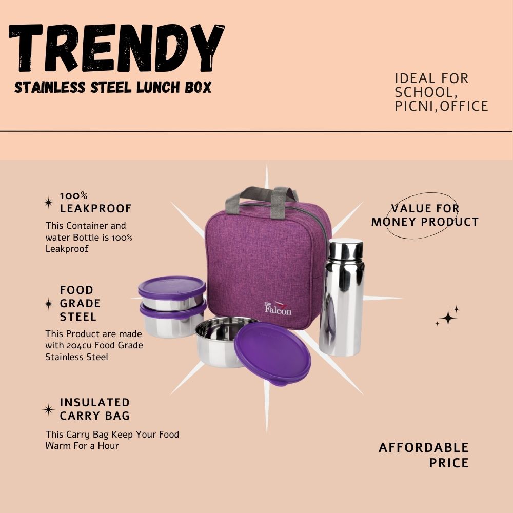 PddFalcon Stainless Steel Dura Max Trendy Lunch Box Set of 4 Purple FP02091 - 1800ml