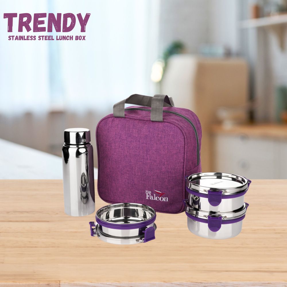 PddFalcon Stainless Steel EcoNxt Max Trendy Lunch Box Set of 4 Purple FP11061 - 1800ml