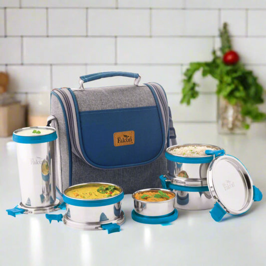 PddFalcon Steel Executive Lunch Box Set of 5 Turkish Blue FP11097 - 1430ml
