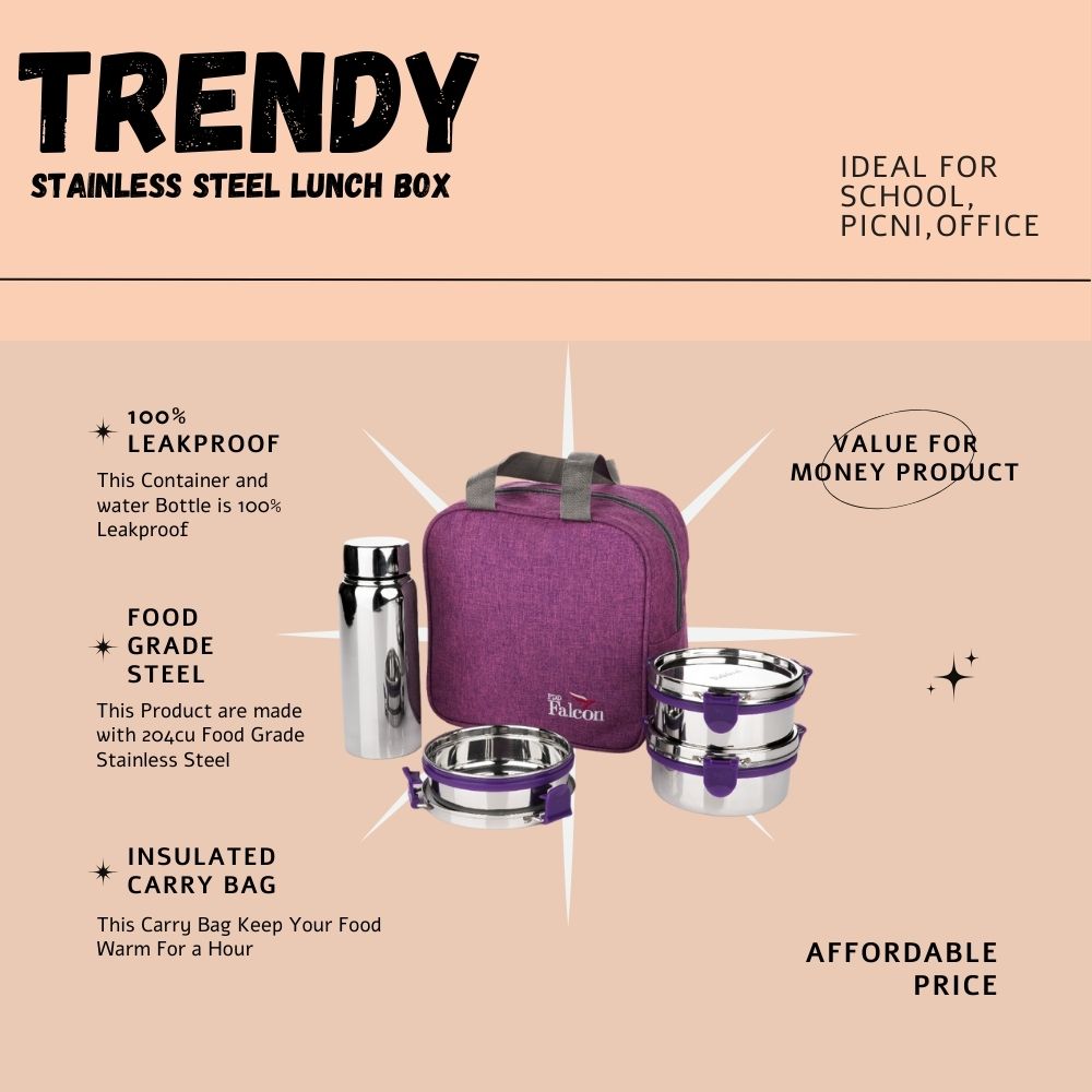 PddFalcon Stainless Steel EcoNxt Max Trendy Lunch Box Set of 4 Purple FP11061 - 1800ml