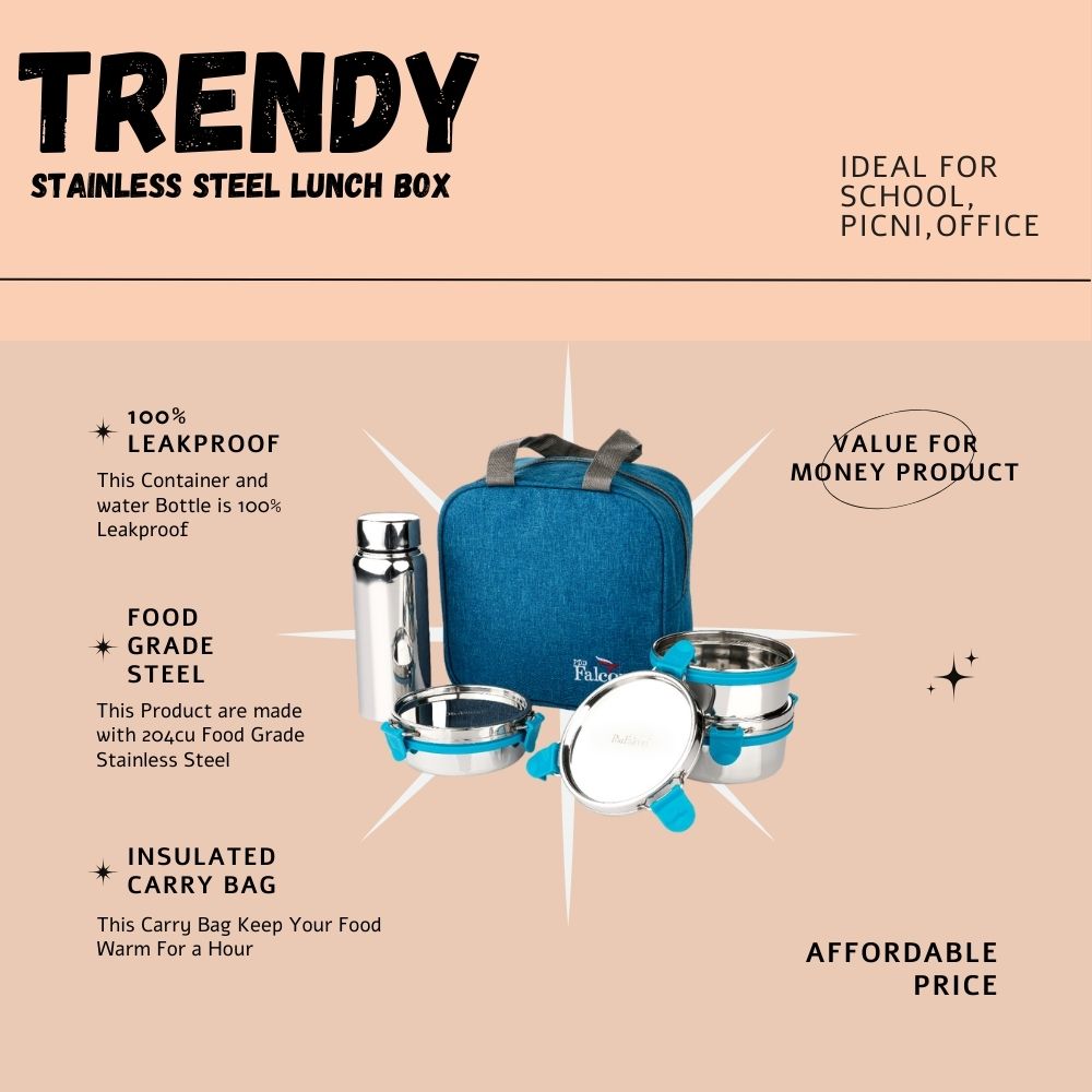 PddFalcon Stainless Steel EcoNxt Max Trendy Lunch Box Set of 4 Sea Green FP11060 - 1800ml