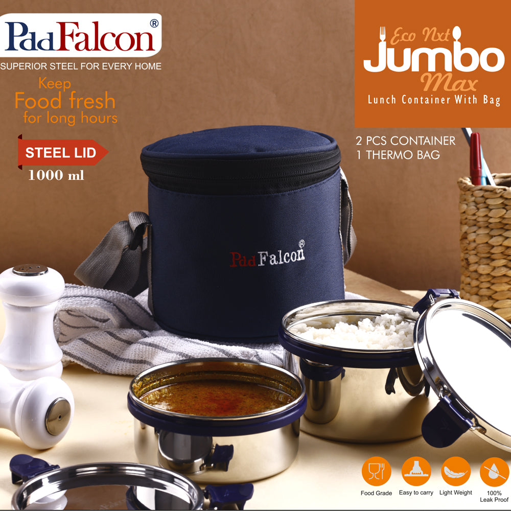 Econxt Jumbo 1000ml Lunchbox 100% leakproof, food grade stainless steel, crack and rust free, BPA free, keeps food fresh and includes an insulated navy blue bag. 