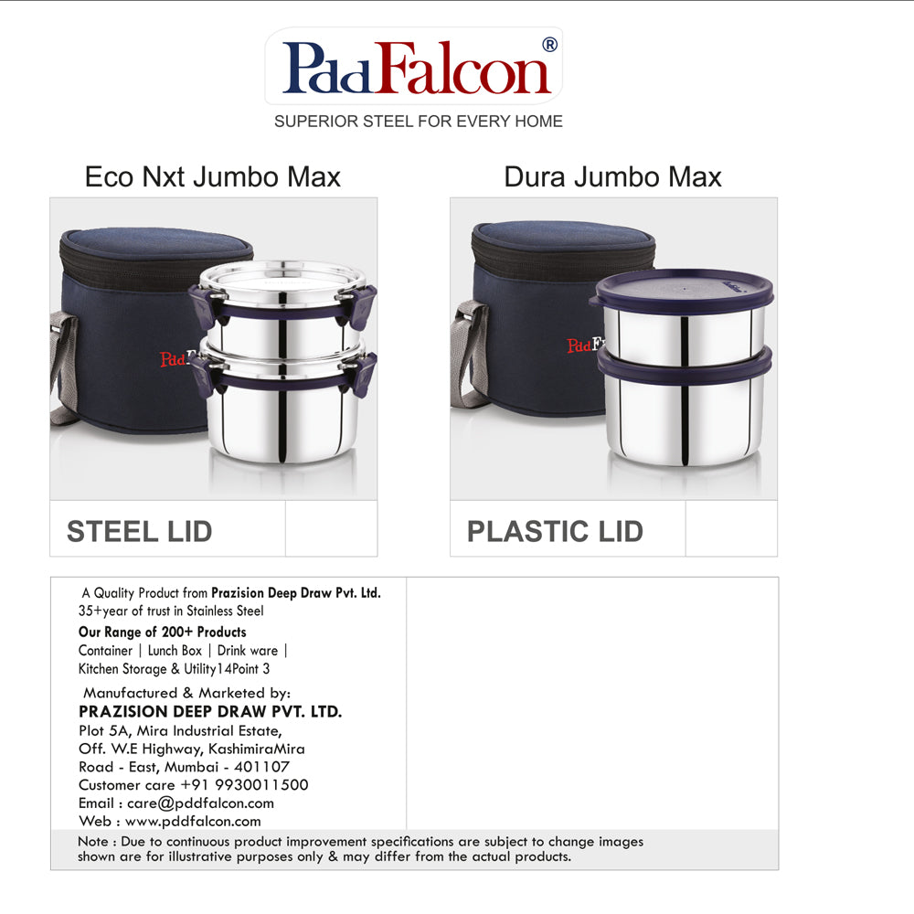 PddFalcon has two ranges of stainless steel lunchboxes - with steel lids and plastic lids and also includes an insulted navy blue bag easy to carry.