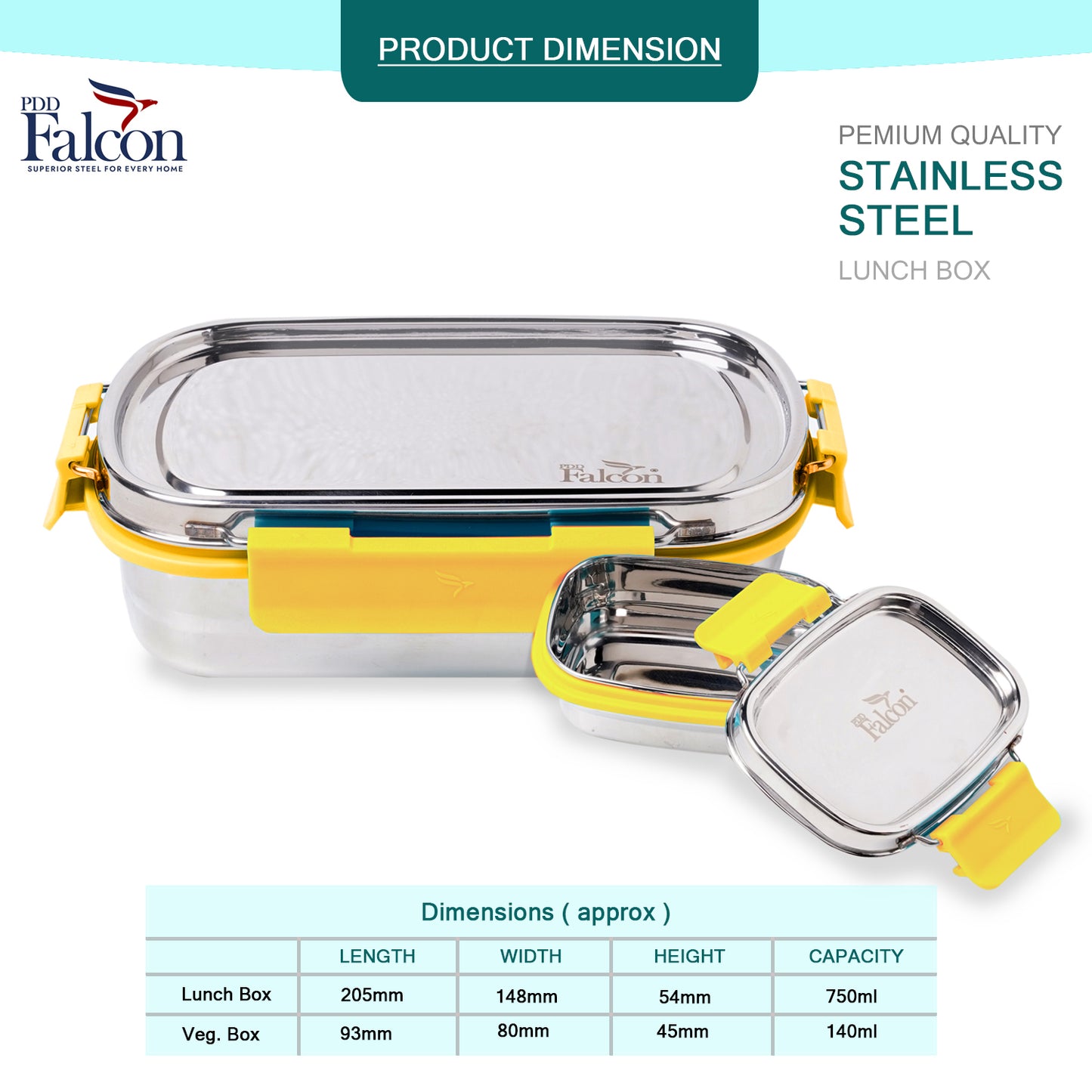 PddFalcon Stainless Steel Recta Lunch Mate 100% Leakproof Lunch Box Yellow - 930ml