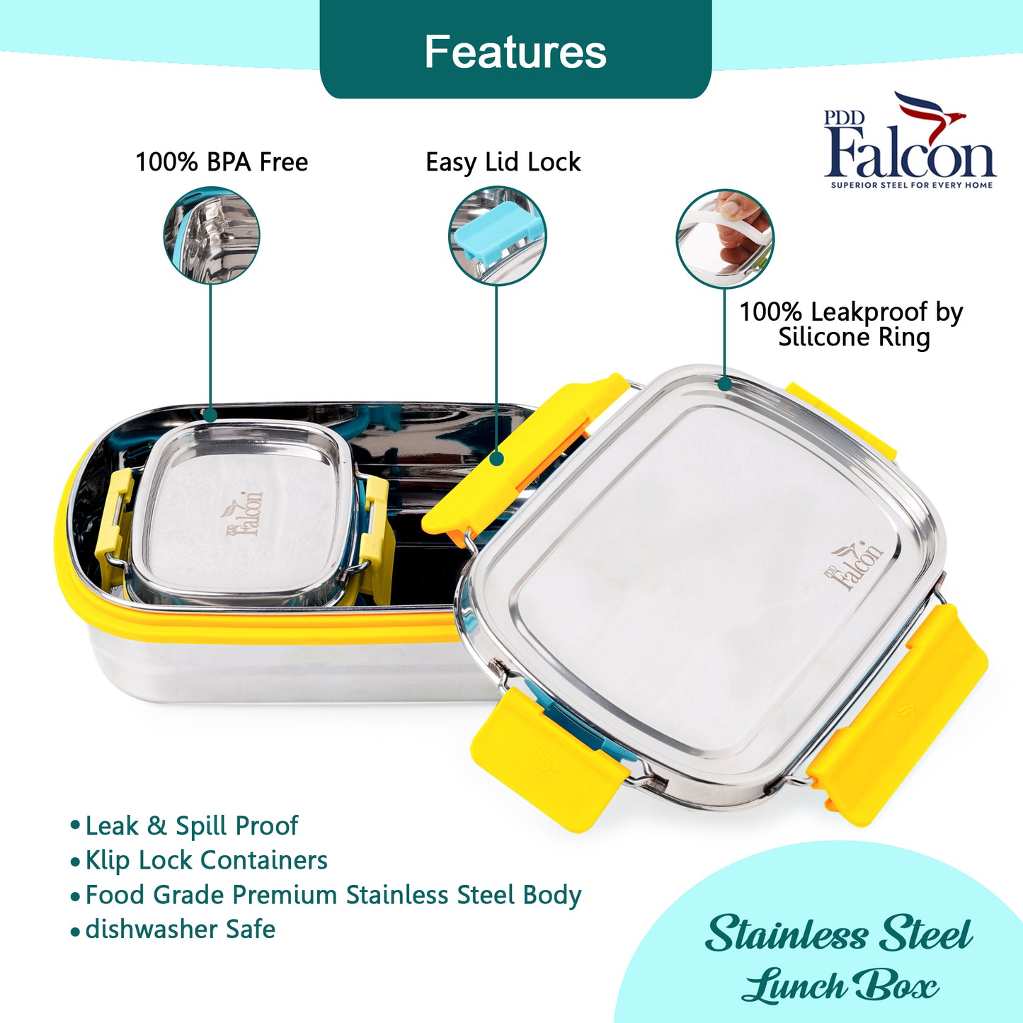 PddFalcon Stainless Steel Recta Lunch Mate 100% Leakproof Lunch Box Yellow - 930ml