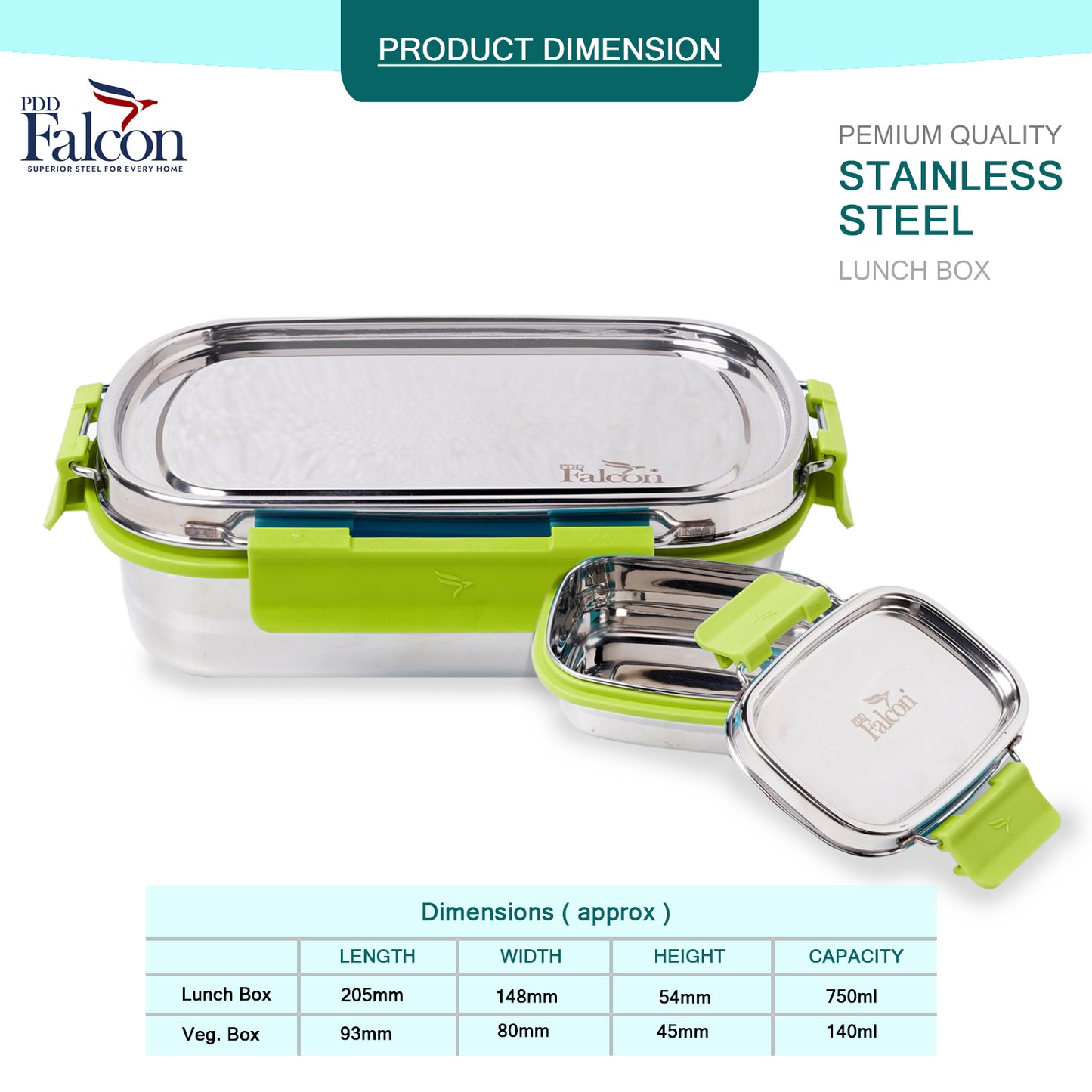 PddFalcon Stainless Steel Recta Lunch Mate 100% Leakproof Lunch Box Green - 930ml