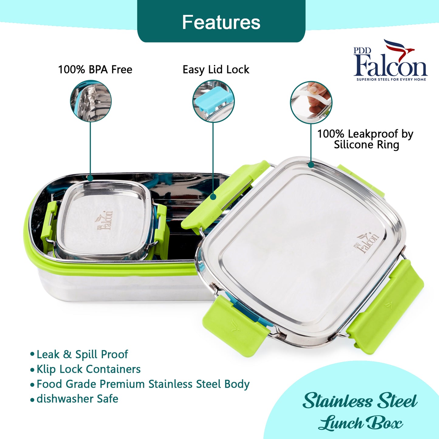 PddFalcon Stainless Steel Recta Lunch Mate 100% Leakproof Lunch Box Green - 930ml