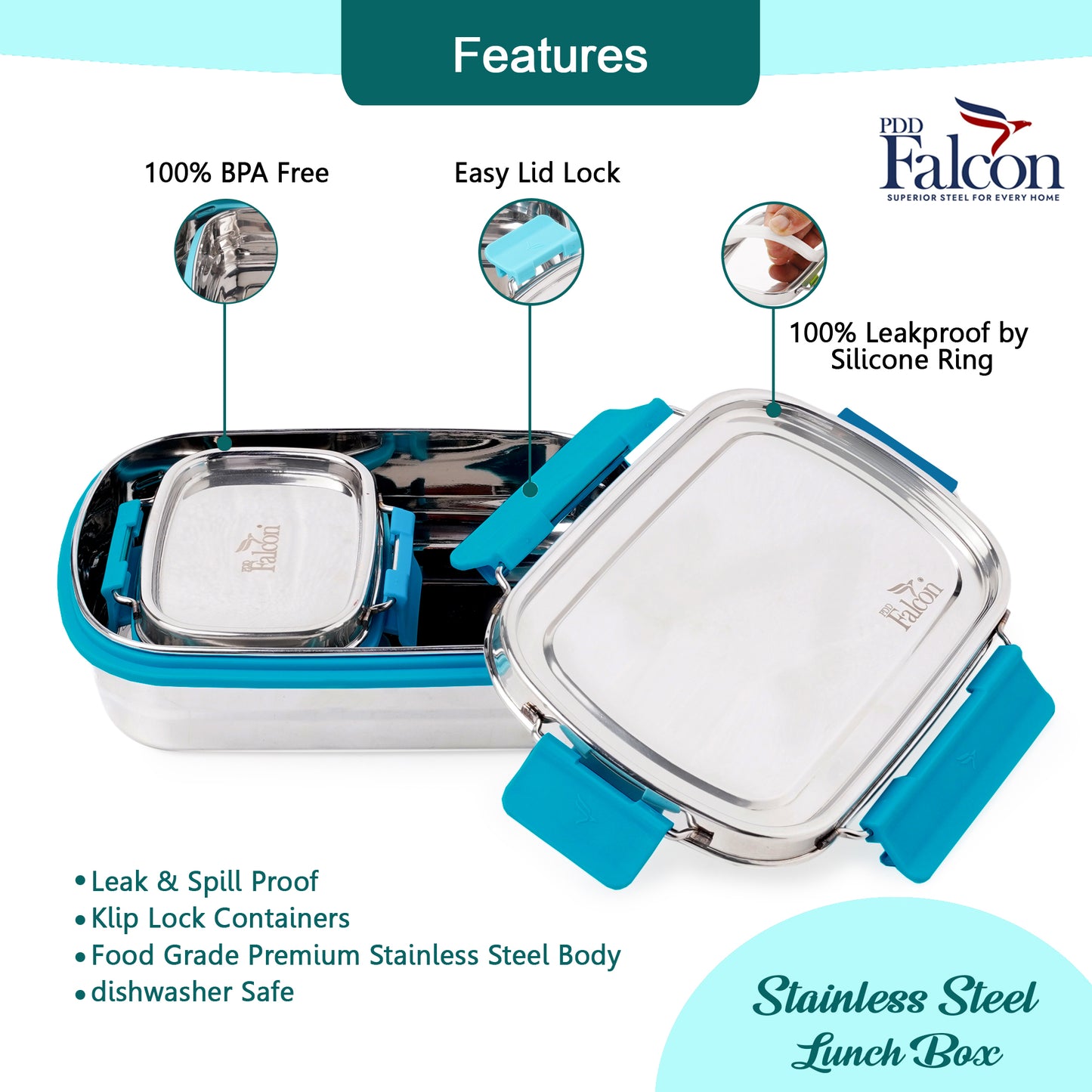 PddFalcon Stainless Steel Recta Lunch Mate 100% Leakproof Lunch Box Turkish Blue - 930ml