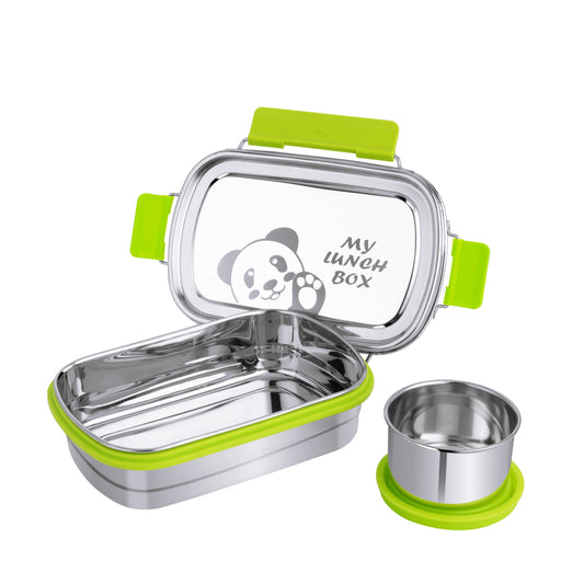 PddFalcon Stainless Steel Recta Munchy With Panda Print 100% Leakproof Lunch Box Green - 875ml