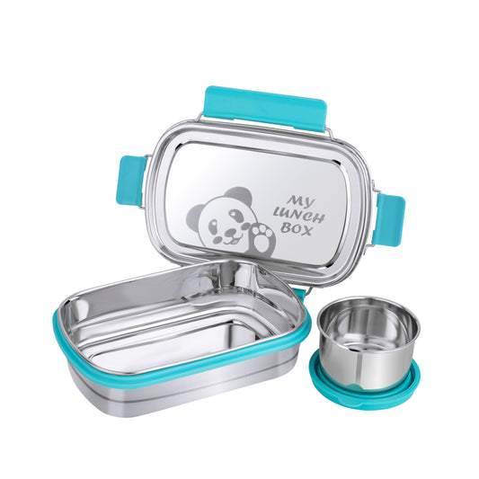 PddFalcon Stainless Steel Recta Munchy With Panda Print 100% Leakproof Lunch Box Sky Blue - 875ml