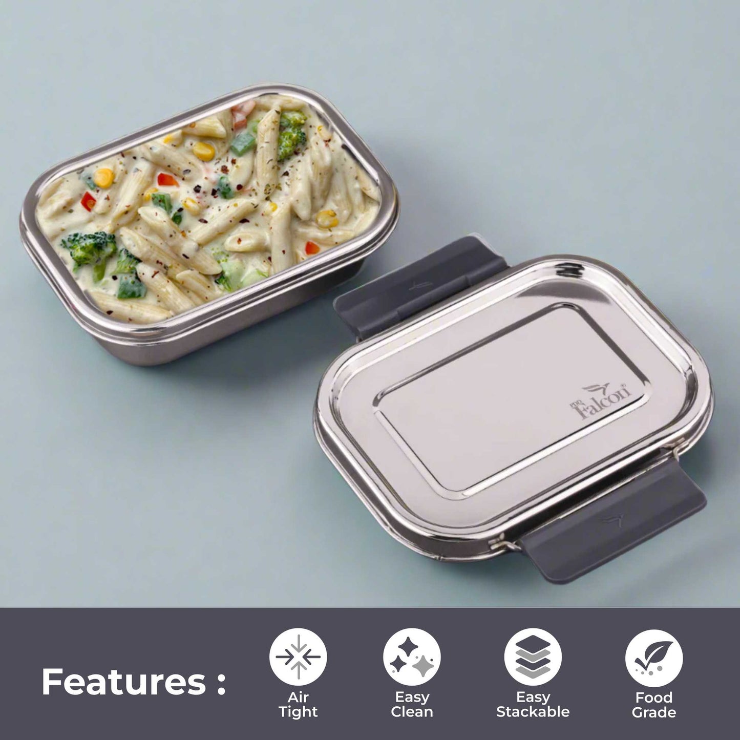 PDDFALCON Stainless Steel Recta Nano Container, 100%Leakproof & Air Tight Container 350ml Grey