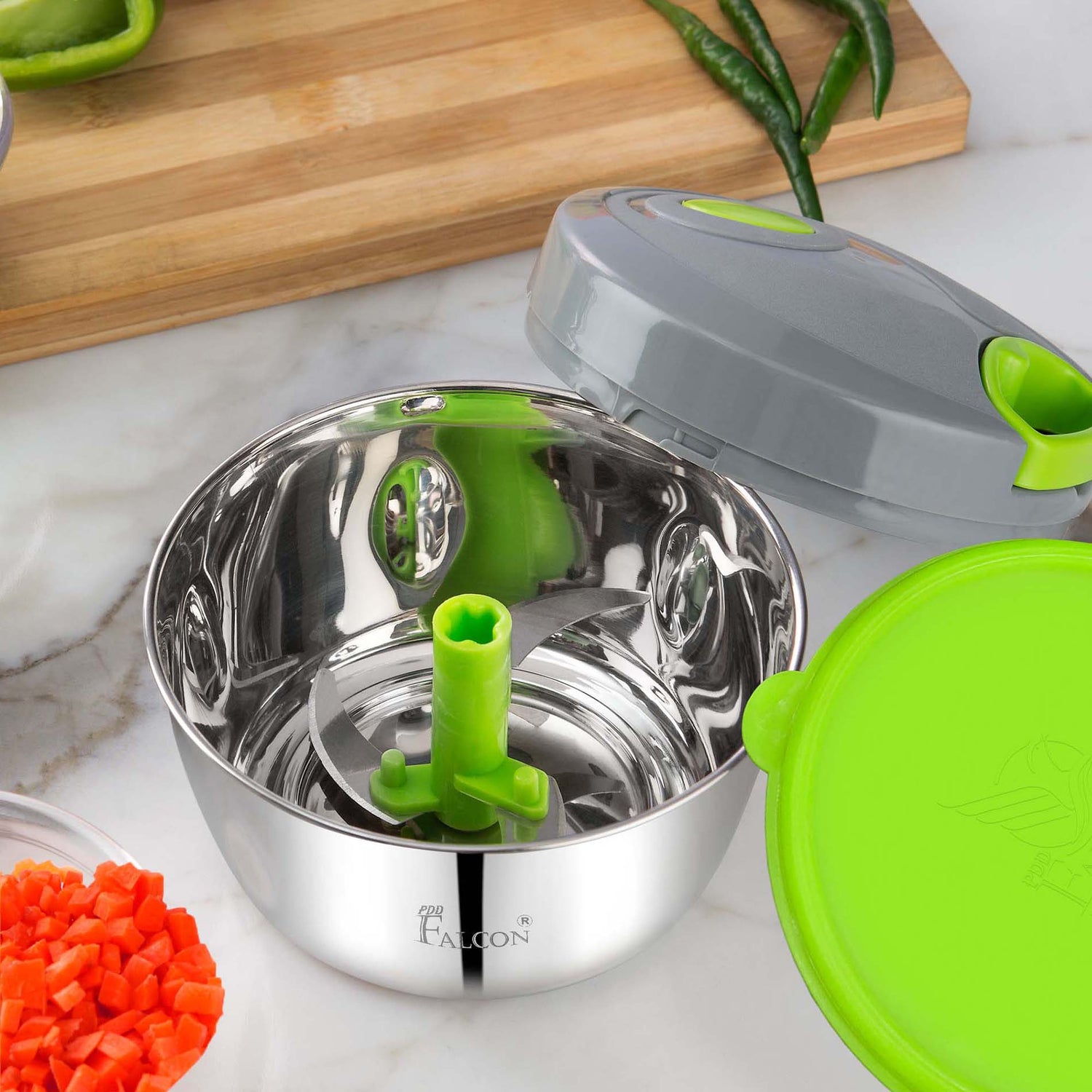 Stainless steel vegetable chopper with multiple blades for chopping, storage lid, anti-skid bottom, crack free and odor free