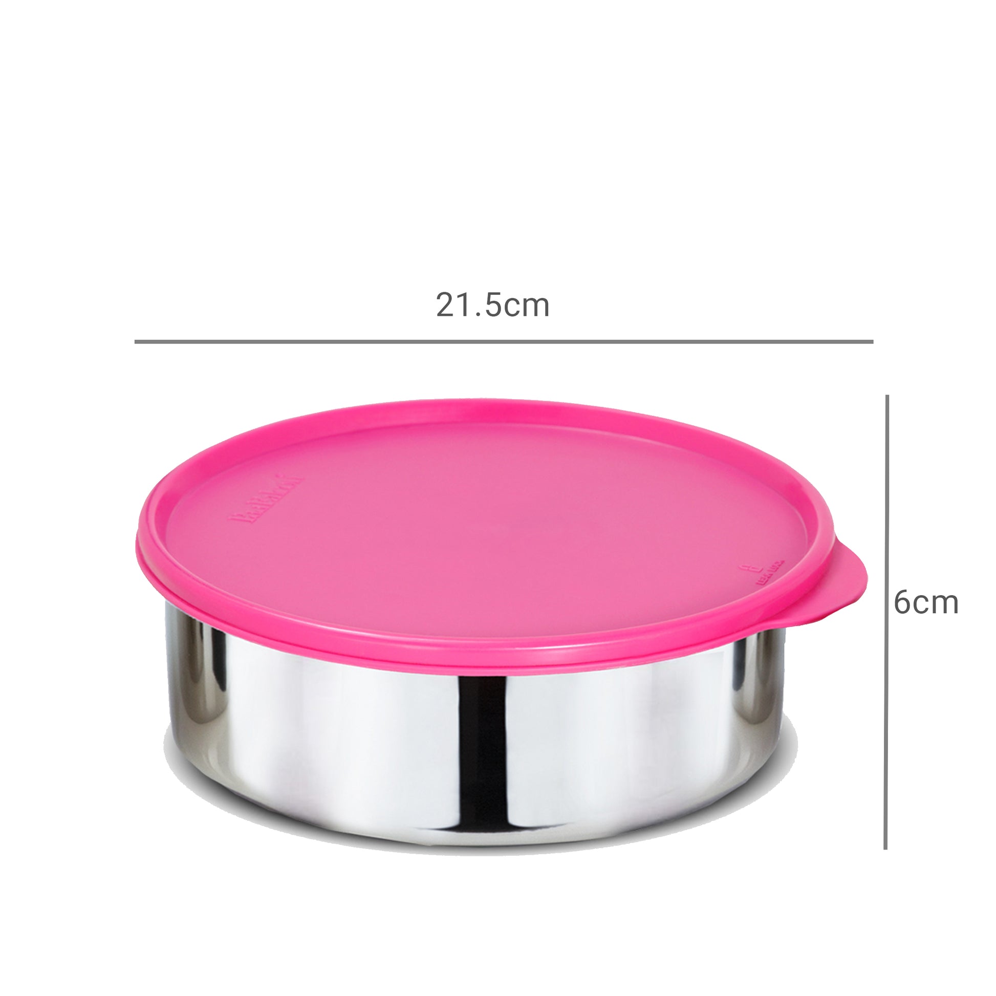 Stainless steel pink lunch box container with dimensions H: 6cms and W: 21.5cms - sturdy base, fully stainless steel, affordable and not east to break
