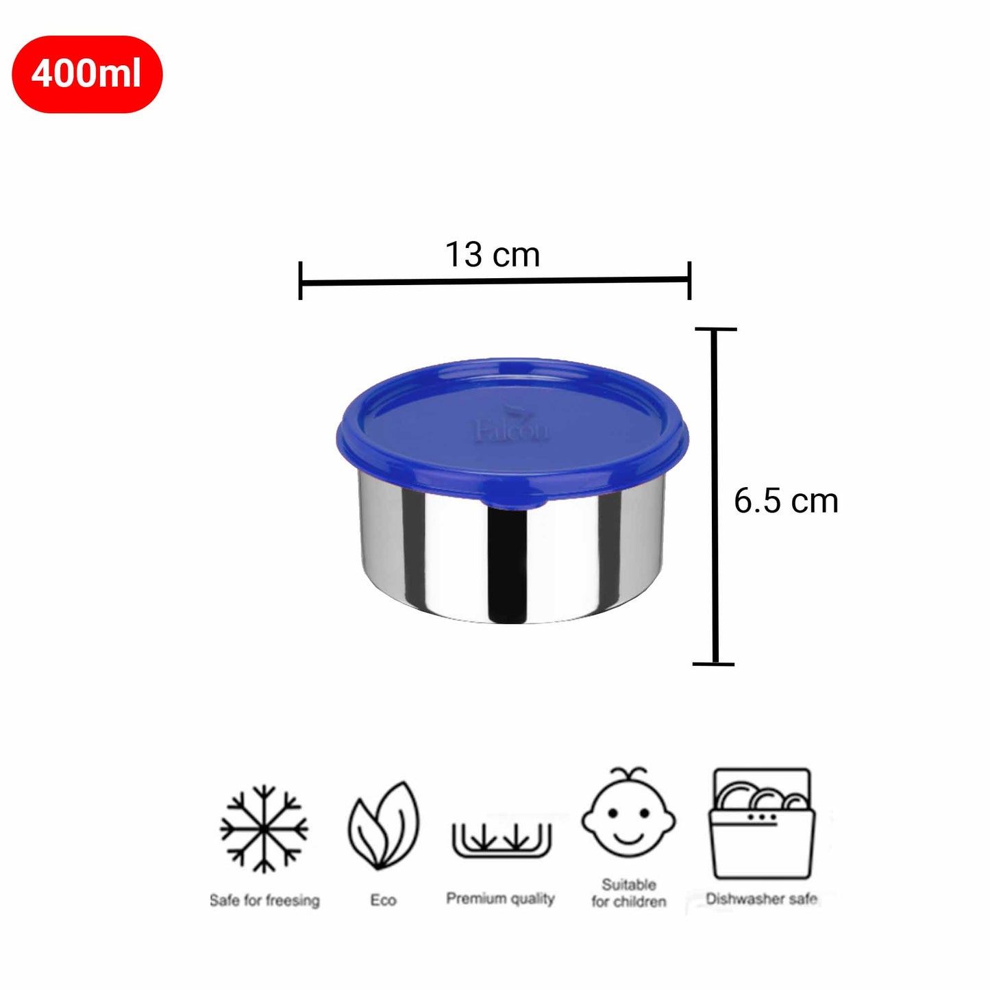 PddFalcon Stainless Steel Lunch Box Dura Container 400ml with dimensions H: 6.5cm W: 13cm 